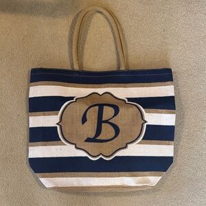 Striped Navy & Tan Canvas Tote Bag with Monogram B